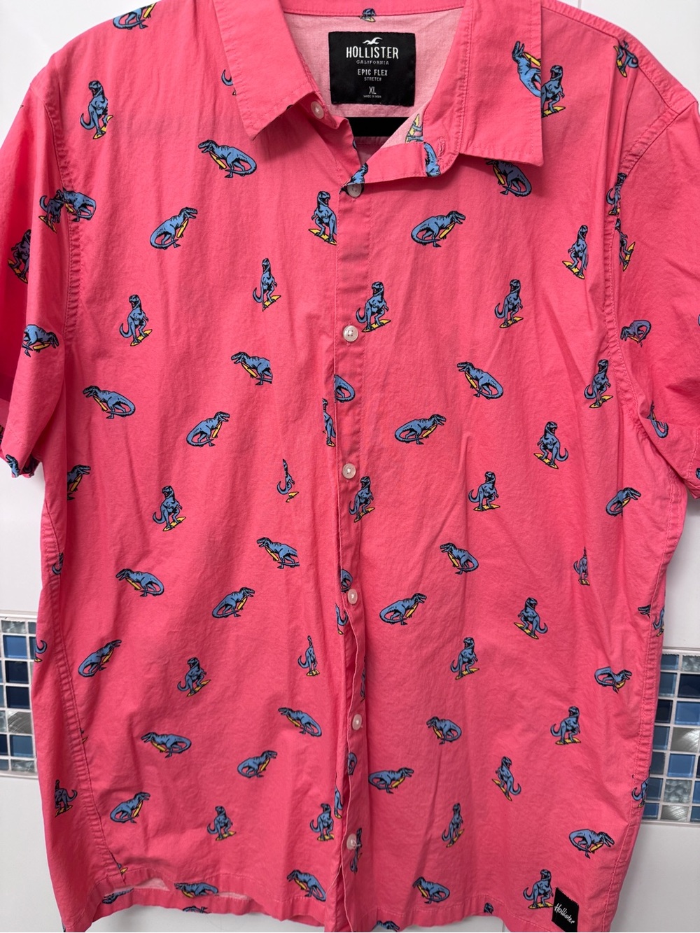 Hollister Coral Pink Short-Sleeve Button-Up with Blue Surfing Dino Print